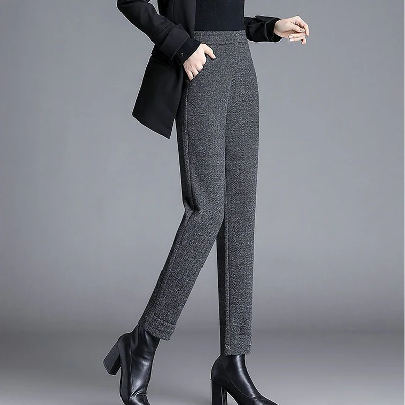 2023 Autumn Winter New Women Fashion Elegant High Waist Woolen Harem Pants Office Lady Casual Pockets Trousers Loose Pantalones