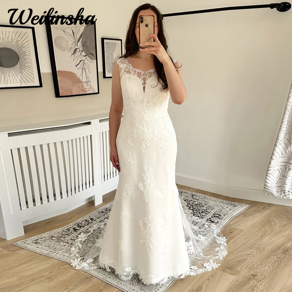 

Weilinsha Mermaid Wedding Dress with Scoop Neckline Vestido De Novia Appliques Bridal Gowns Button Back and Court Train