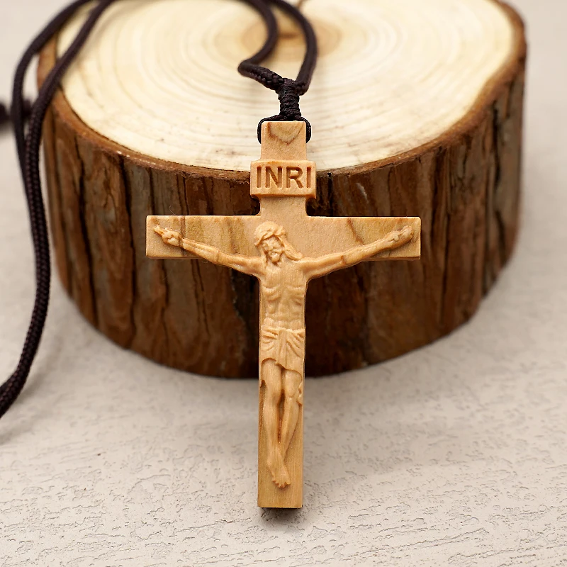 70cm Rope Cord Jesus Cross Necklace Crucifix Wood Pendant 