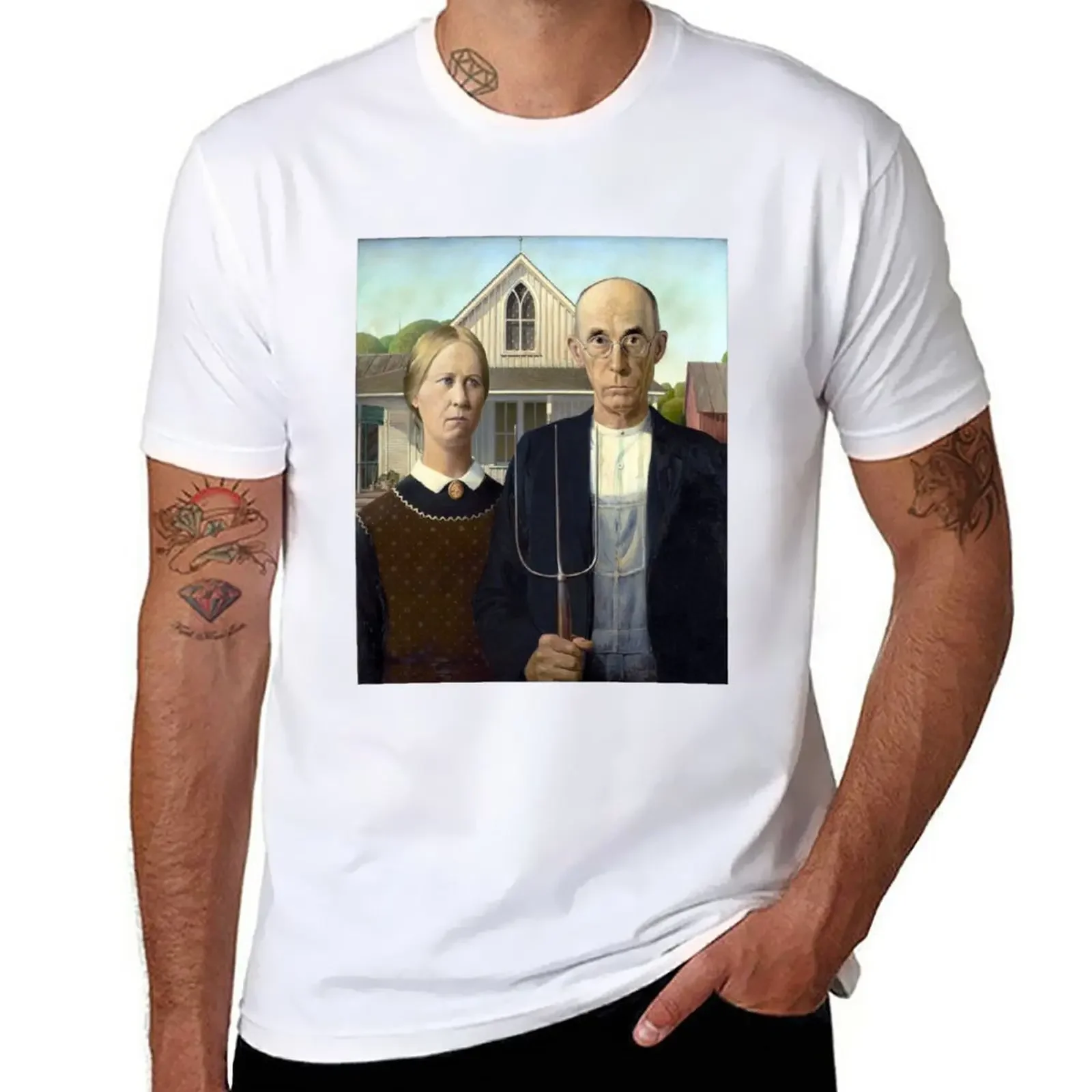 Iconic American Gothic By Grant Wood T-Shirt Cute Top T-Shirt Da Uomo In Cotone Ad Asciugatura Rapida New Edition