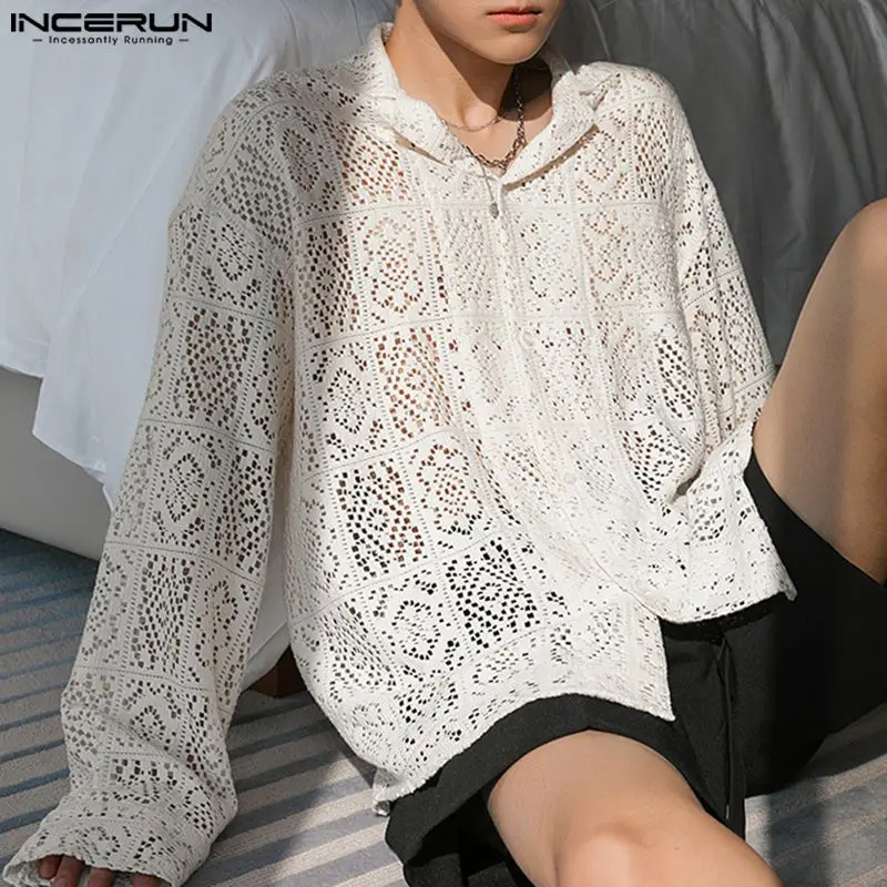 Рубашка INCERUN мужская с отложным воротником, пикантная кружевная прозрачная блуза с длинным рукавом, модная повседневная Уличная одежда с вырезами, 2024
