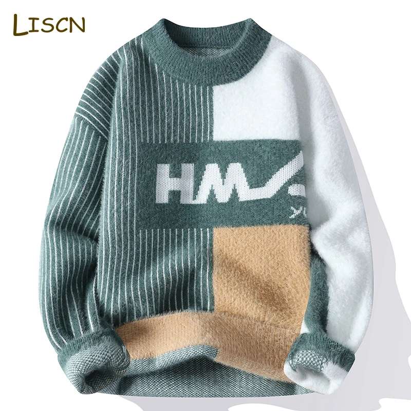 

Men Pullover Sweater Men New Korean Winter Fashion Striped Casual Sweater Keep Warm Fleece Knitted Cute Sweater For Men