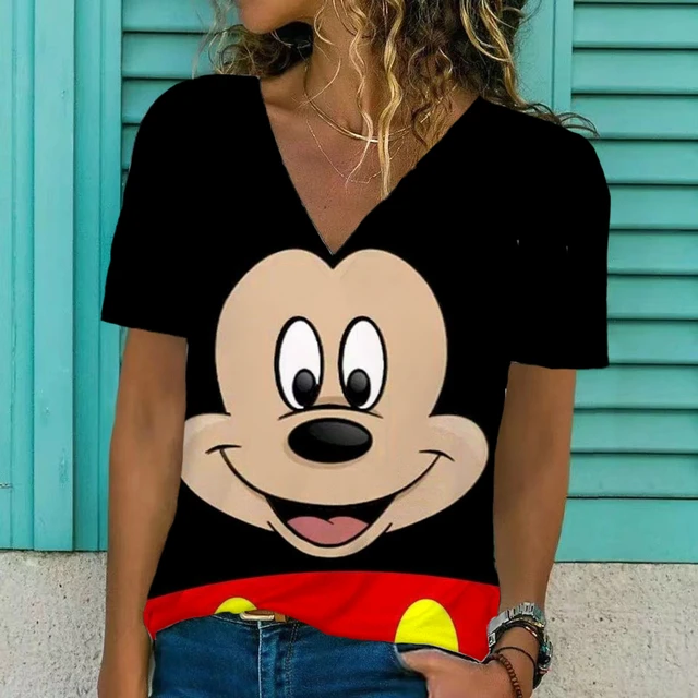 2022 Summer Disney Minnie Mouse Print T Shirt Women Sexy V Neck Short  Sleeve T Shirt