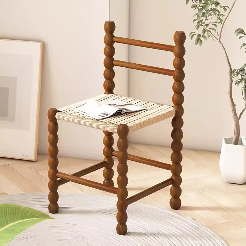 Solid Wood Retro Dining Chair Rope Woven Backrest Designer's Creative Living Room Home Shoe Changing Stool Chairs For Kitchen