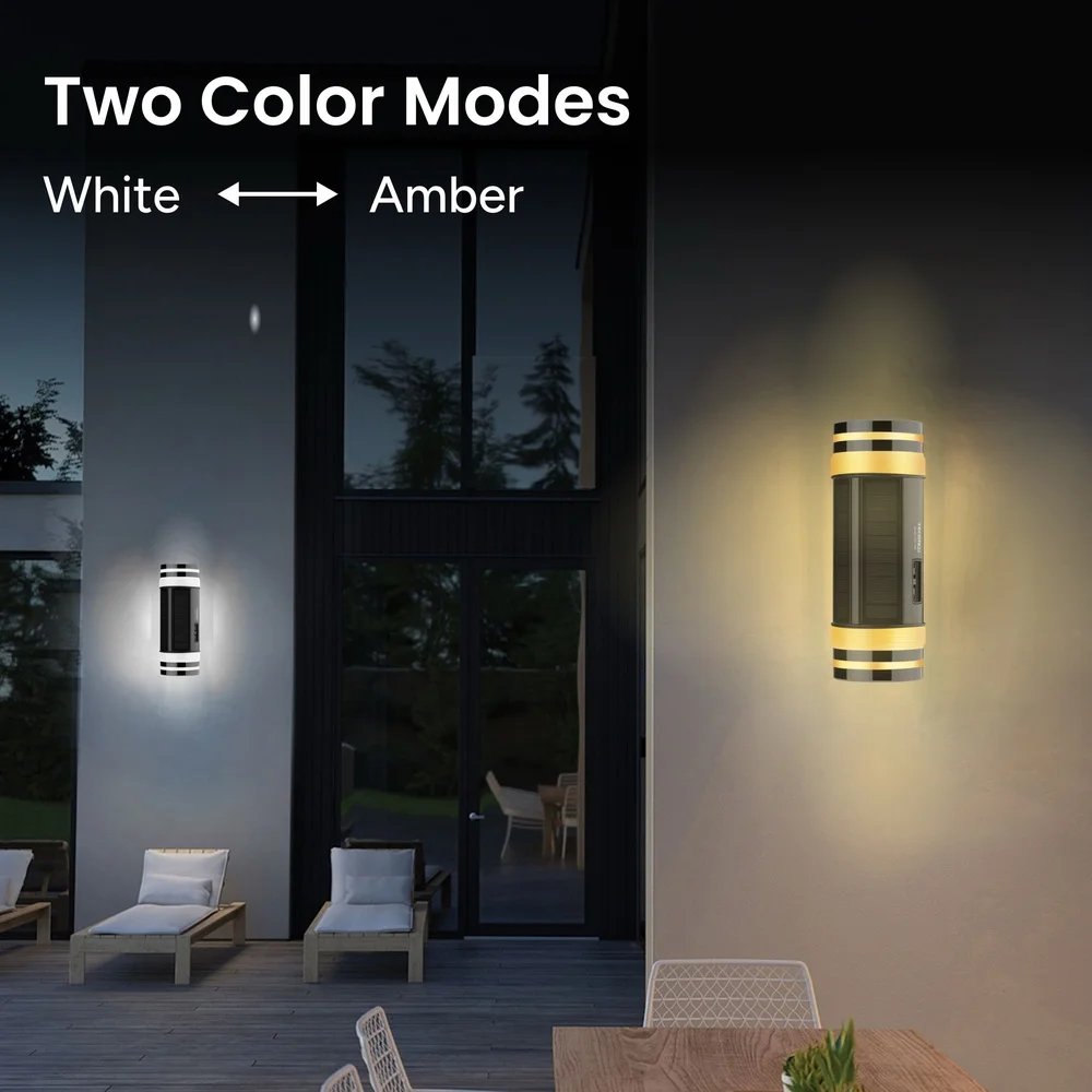 Solar Wall Light Dual Direction Amber White LED Outdoor Lighting Energy Efficient Waterproof Easy Install 12 Hours Charge IP65 5