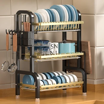 black Multi-level dish drain, dish drying rack, dish drain, large rust-proof dish drain with kitchen utensils stand