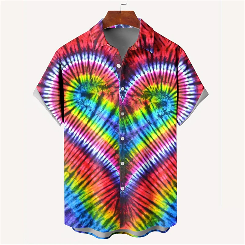 Nueva camisa de moda para hombre con estampado 3D, de verano, de manga corta, con una sola fila de botones, holgada, de gran tamaño, con estampado de corazón amoroso, tendencia, camisas unisex