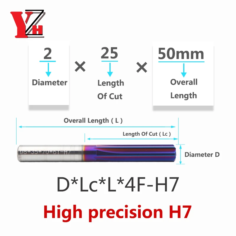 YZH Machine Reamer hand reamer hss reamer steel reamer tools HRC68 Coated Straight Groove 4F 6F Tolerance H7 Harened Steel Metal Cutter CNC inner Hole 2mm ~20mm