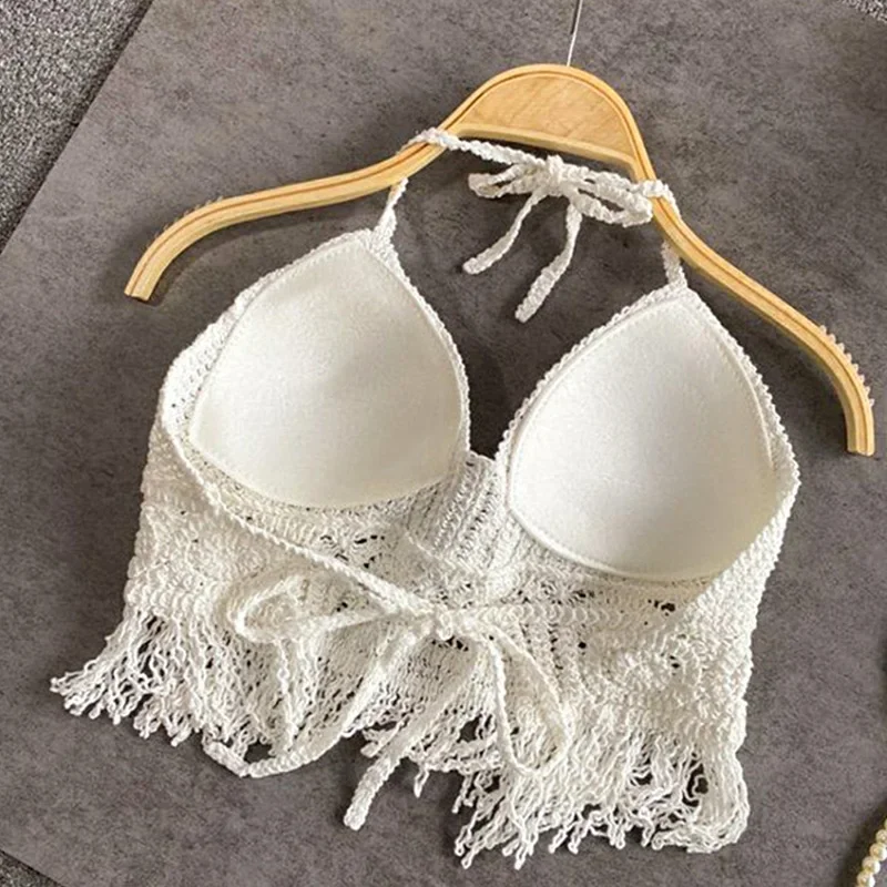 2024Sexy Beach Holiday Camisole Halter Women Crochet Knit Swimsuit Bra Backless Vest Hollow Tassel Tank Top Women's Crop Tops