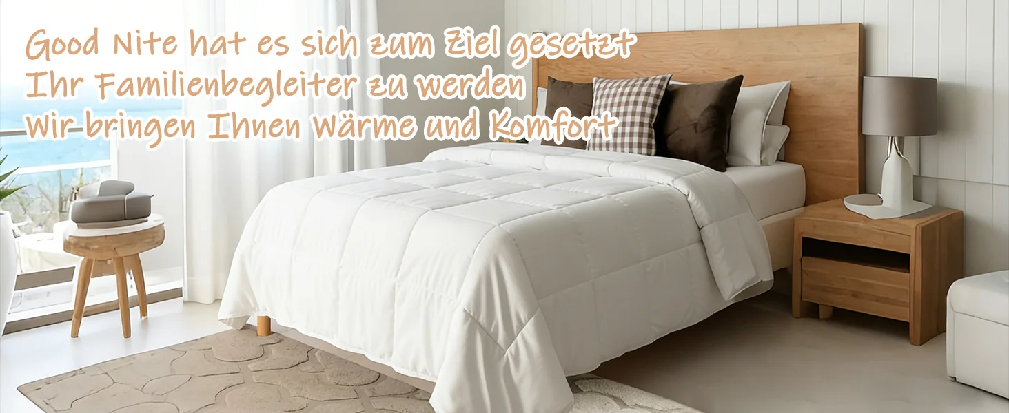 Der Text lautet „Good Nite hat es sich gemacht“ und „Ihr Familienbegleiter für unendliche... wunderbare Ihnen währens des Tages“. Innenschlafzimmerszene mit weißer Bettwäsche.