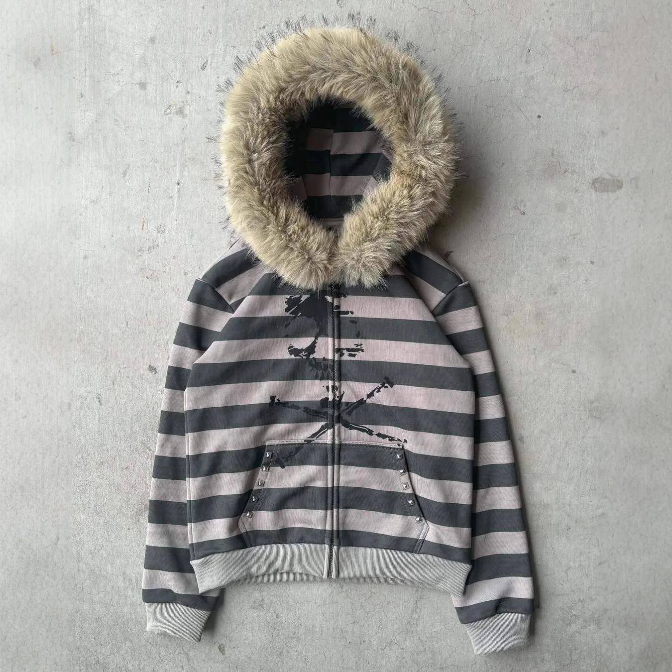 Skull Printing Gothic Plush Brim Warm Striped Color Matching Hoodie Autumn Winter Street Hip Hop Punk Cardigan Women Casual Coat