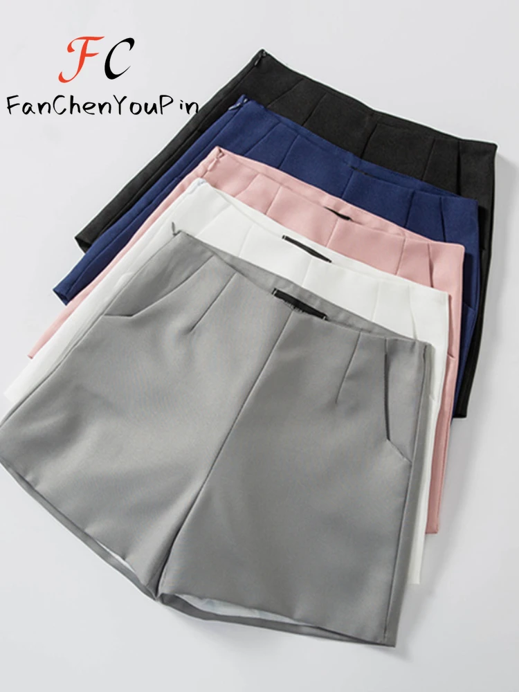 

2024 New Women's Shorts Spring Summer High Waist Pockets Zippers Pants Fashion Slim Fit Casual Black Wide Leg Suit A-line Pants