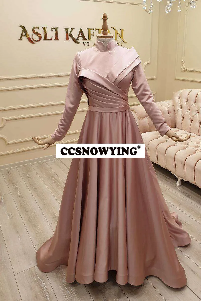 

Pink Satin Muslim Evening Dresses Long Sleeve Hijab Islamic Prom Formal Party Gown Arabic Dubai Women Robes De Soirée