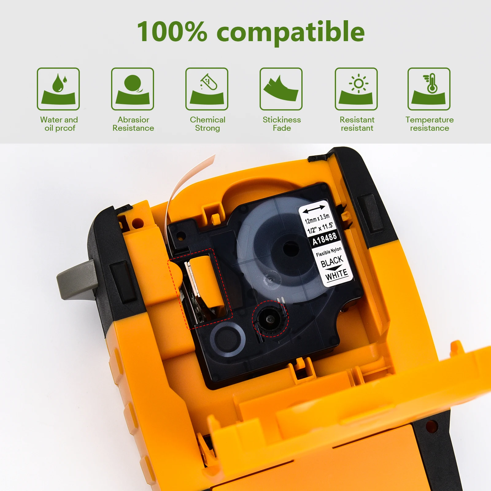 Dymo Rhino 18488 18489 12mm용 흰색 IND 유연한 나일론 라벨 테이프에 검정색 5개