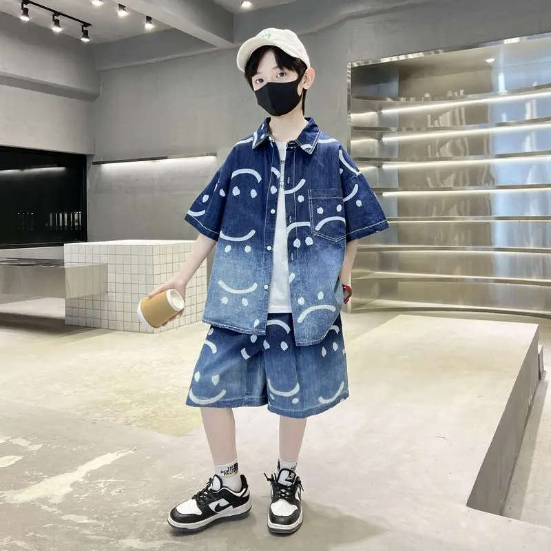 

2023 New Spring summer Children Clothes Boys Suit Denim Tops + Jean Shorts 2Pcs/Set Print Casual Outfits Kids outfit 5-14 years