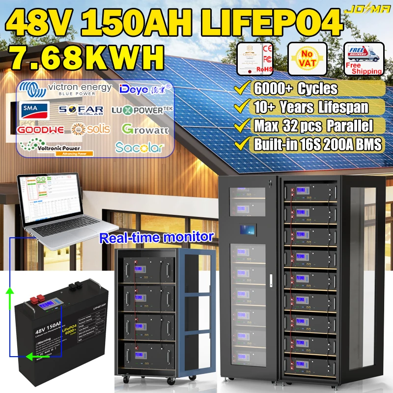 LiFePO4 48V 150Ah 100Ah 200Ah akumulator 51.2V 7KWh 10KWh wbudowany 16S ...