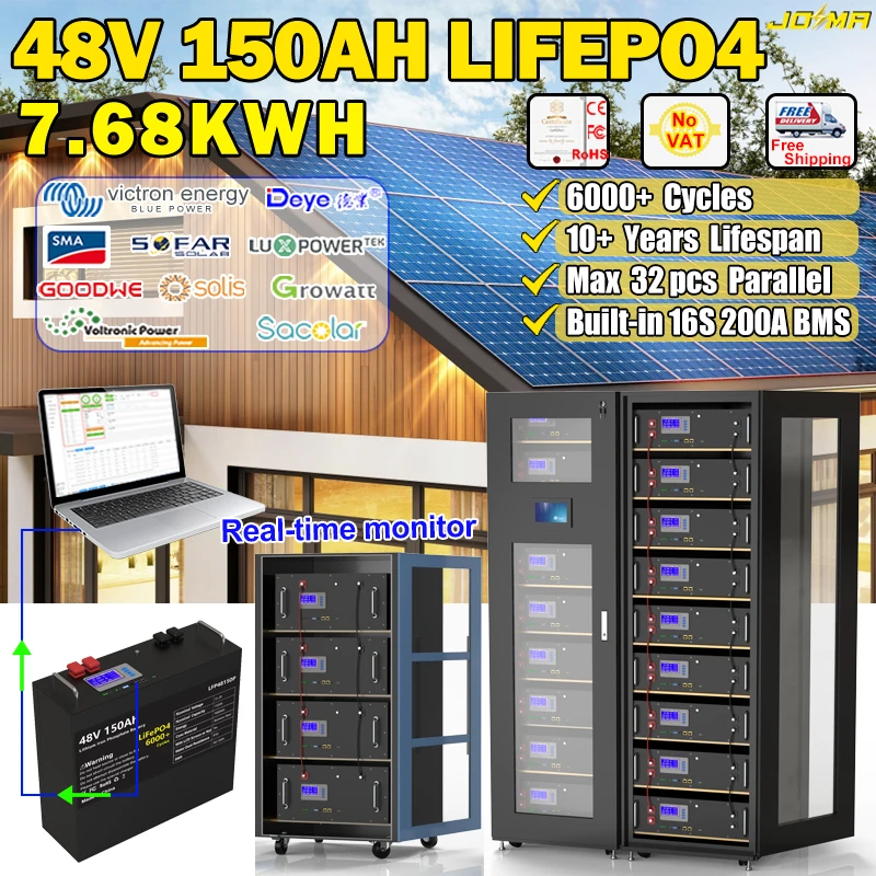 LiFePO4 48V 150Ah 100Ah 200Ah akumulator 51.2V 7KWh 10KWh wbudowany 16S ...