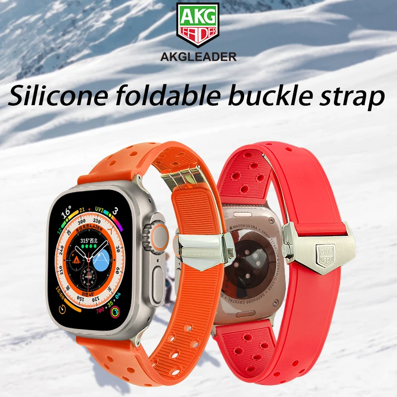 

AKGLEADER Silicone Foldable Buckle For Apple Watch 8 Ultra 49mm Strap,iwatch 8 7 45mm/SE6 5 4 3 2 1 Bracelet Band