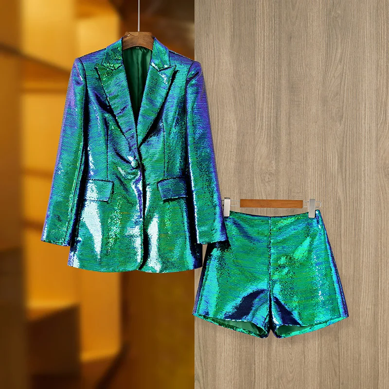 Chic Women Short Sets 2023 New Sequins Single Button Blazer Shorts 2 piece Sets Luxury Lady Formal Party Celebrity Pant Sets