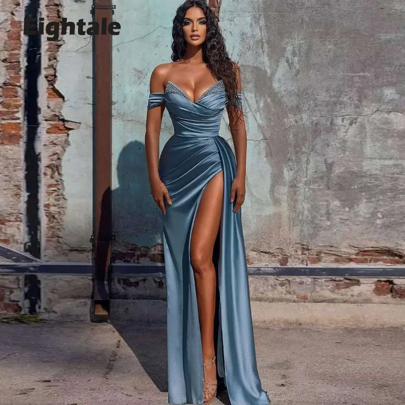 Eightale Dubai Evening Dresses 2022 Sweetheart Beaded off the Shoulder Pleats Satin High Side Split Arabic Prom Gown Party Dress sexy ball gowns