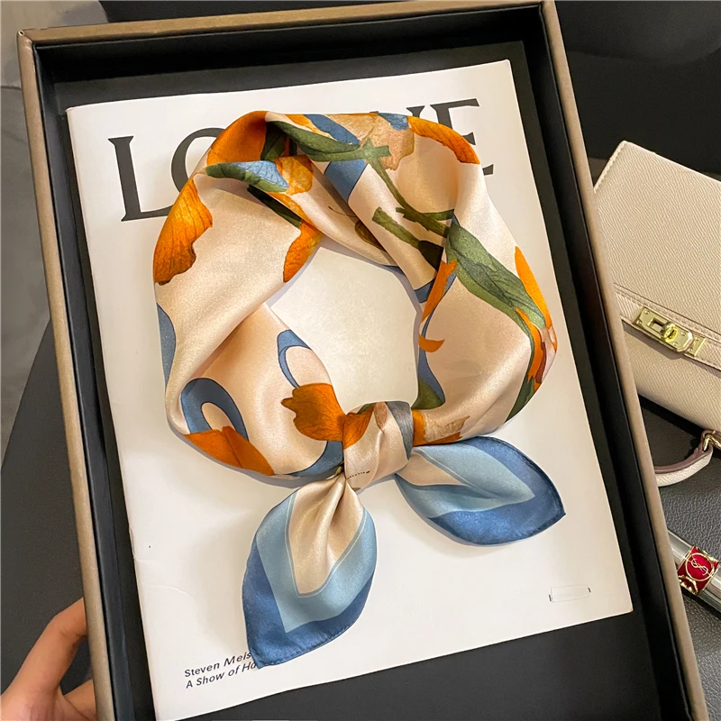 

Luxury Brand Hair Ribbon Square 100% Real Silk Scarf Women Small Handkerchiefs Design Headband Neckerchief Female Bandana 2022