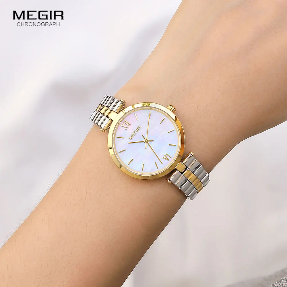 MEGIR Quartz Watch for Women Fashion Simple Analog Vintage Wristwatch with Stainless Steel Band 3atm Waterproof Lady Silver Gold
