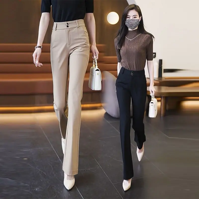 Spring Autumn 2023 New Women High Waist Chic Office Ladies Elegant Solid Straight Suit Pants Female Flare Trousers Tops X107