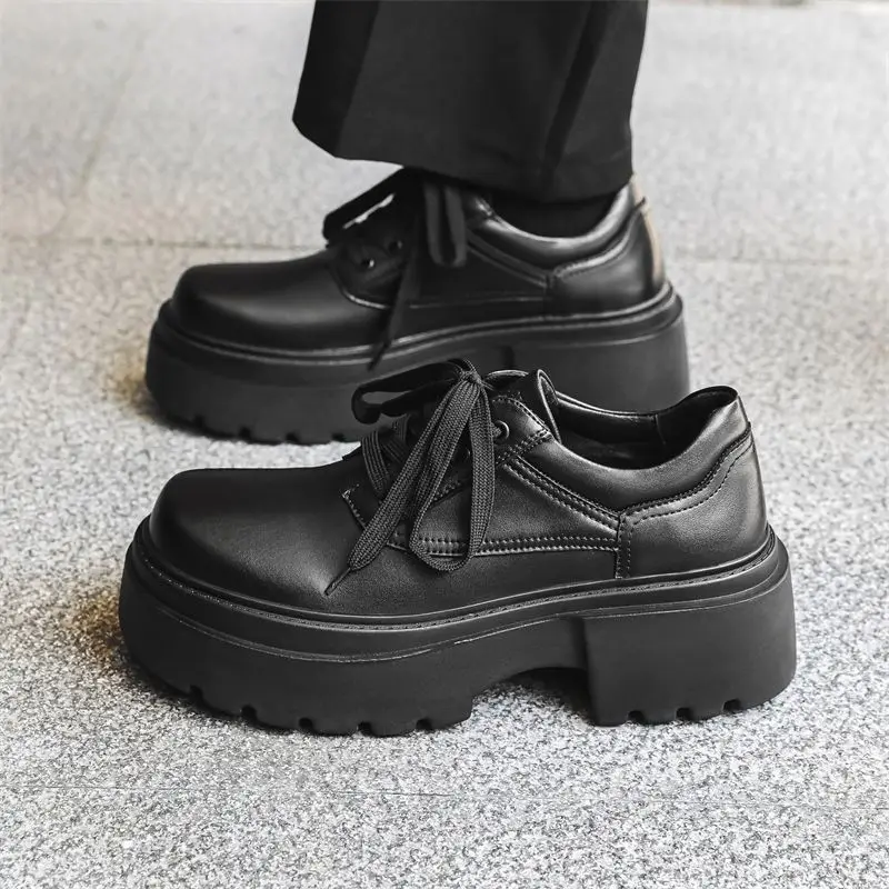 Square Head British Small Leather Heightened Thick-soled Men's Popular Muffin Bottom Formal Wear Business Casual Derby Shoes