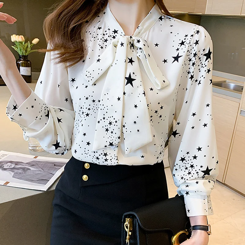 

Bow Tie Women Shirt Long Sleeves Blouse Autumn Women Clothing Print Elegant and Youth Woman Blouses Polo-Neck Loose Women Shirts