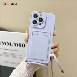 Crossbody Necklace Chain Matte Silicone Phone Case with Card Slot Wallet and Lanyard for oppo A77 5G 2022 (Purple)