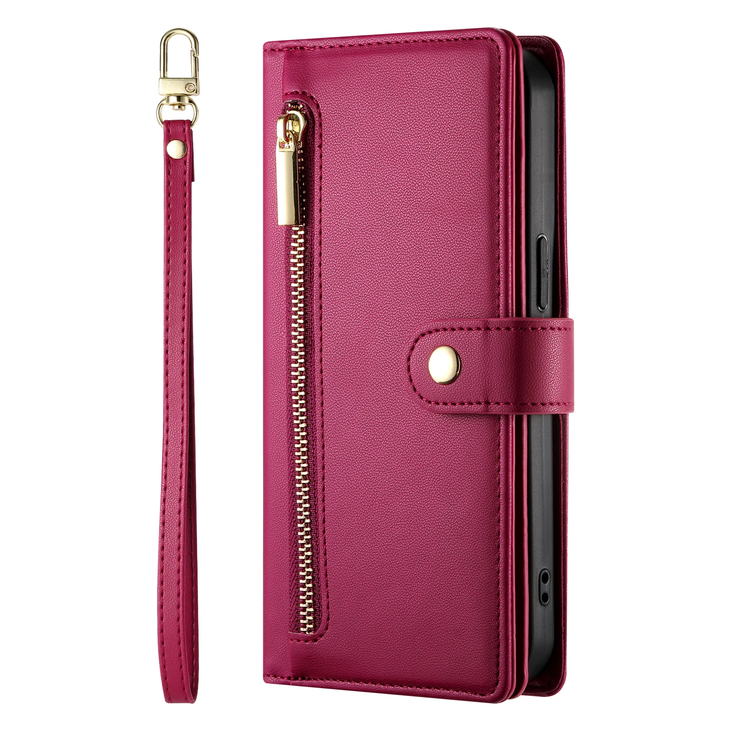 Étui portefeuille en cuir à fermeture éclair pour iPhone 15 Pro Max 16 14 Plus 13 12 11 SE4 XS MAX avec lanière et poche pour cartes_voghion.com