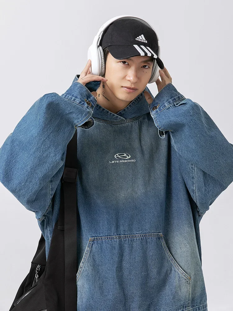 Vintage Denim Hoodie Loose Pullover Black Hooded Women's Denim Jacket Mens Harajuku Oversized Hip Hop Streetwear Y2K Clothing