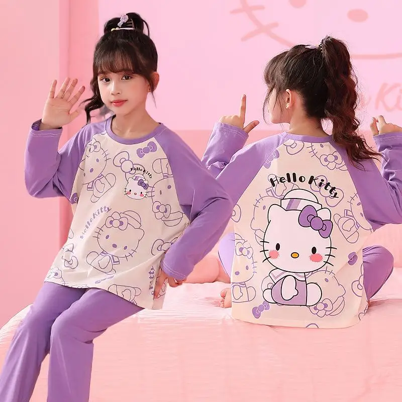 

MINISO Kawaii Animehello Kitty Kuromi Spring and Autumn Children'spajamas Round Neck Loose and Thin Style Loungewear Girl Gift