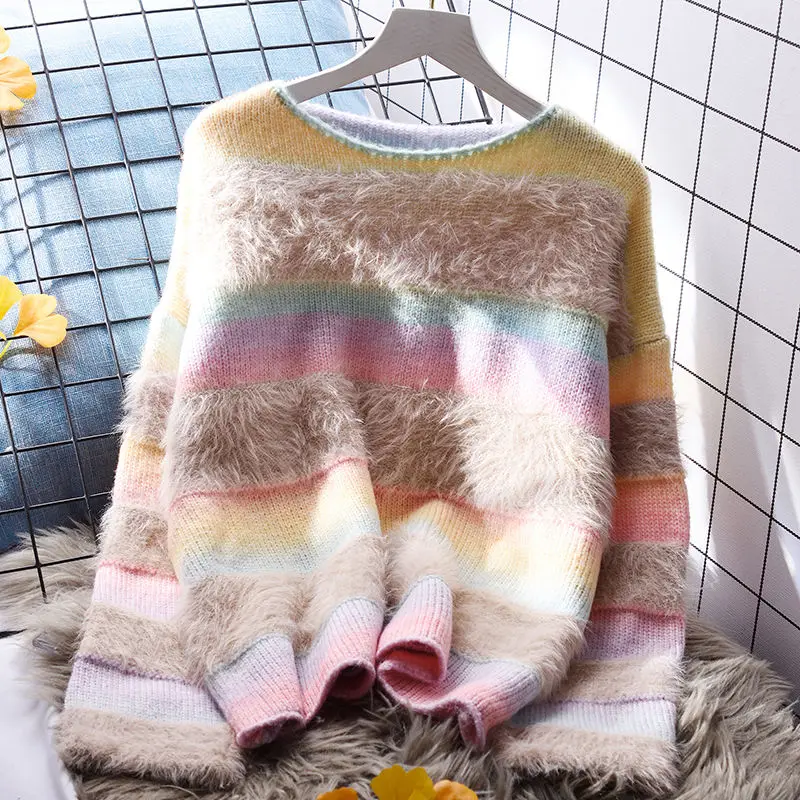 

DAYIFUN Imitation Mink Velvet Contrasting Design Sweater Women Autumn Winter Stripes Short Knitted Pullovers Loose Soft Jumpers