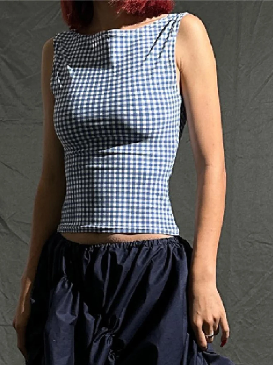 

Women Cropped Tank Tops Plaid Print Summer Bow Backless Basic Vest Sleeveless Shirt Aesthetic Clothes for Streetwear