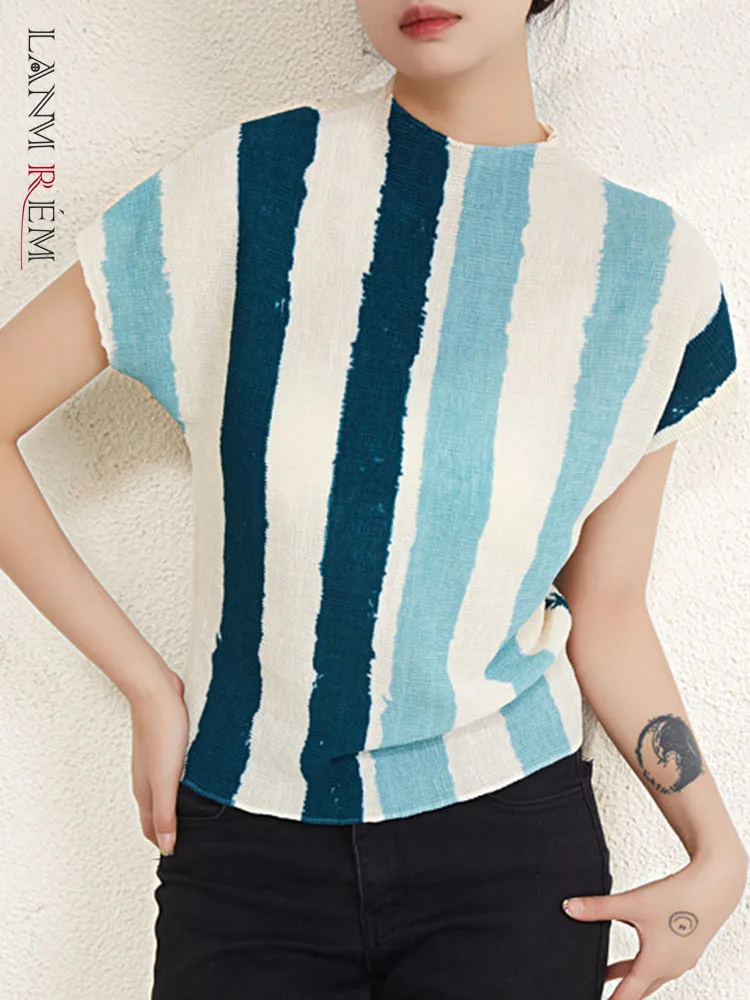 

LANMREM Pleated T-shirt For Women Fashion Striped Short Sleeves Slim Color Block Female Clothing Casual 2024 Spring New 2YA1619