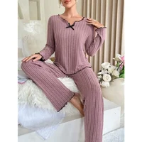 Women Autumn Winter Sleepwear Ribbed Pajamas Set Long Sleeve Top and Long Pants 2 Piece Set Casual Homewear Loungewear - Image 4