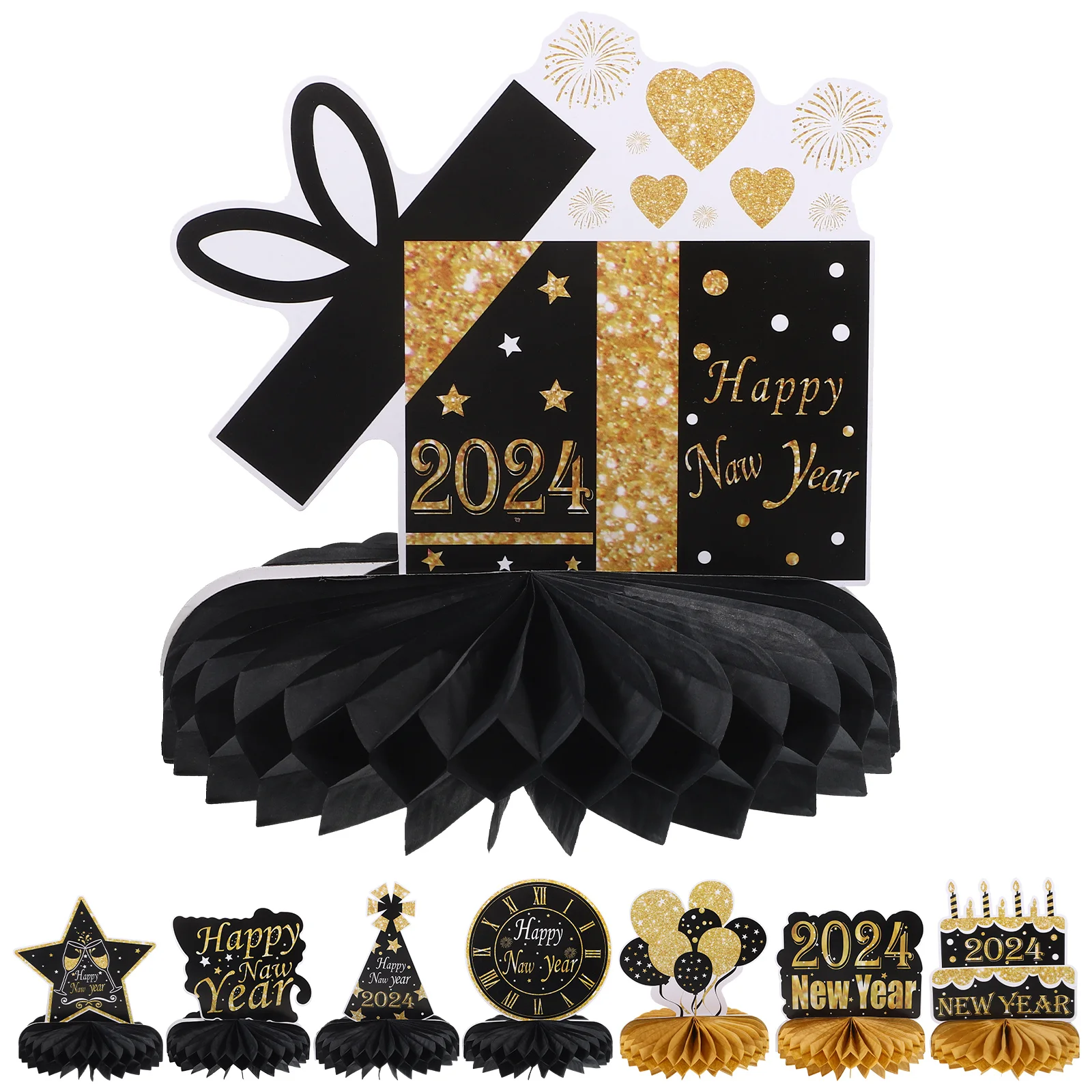 

New Year Honeycomb Centerpieces 8Pcs 2024 Happy New Year Decorations Black Gold 3D Happy New Year Theme Table Toppers New Year