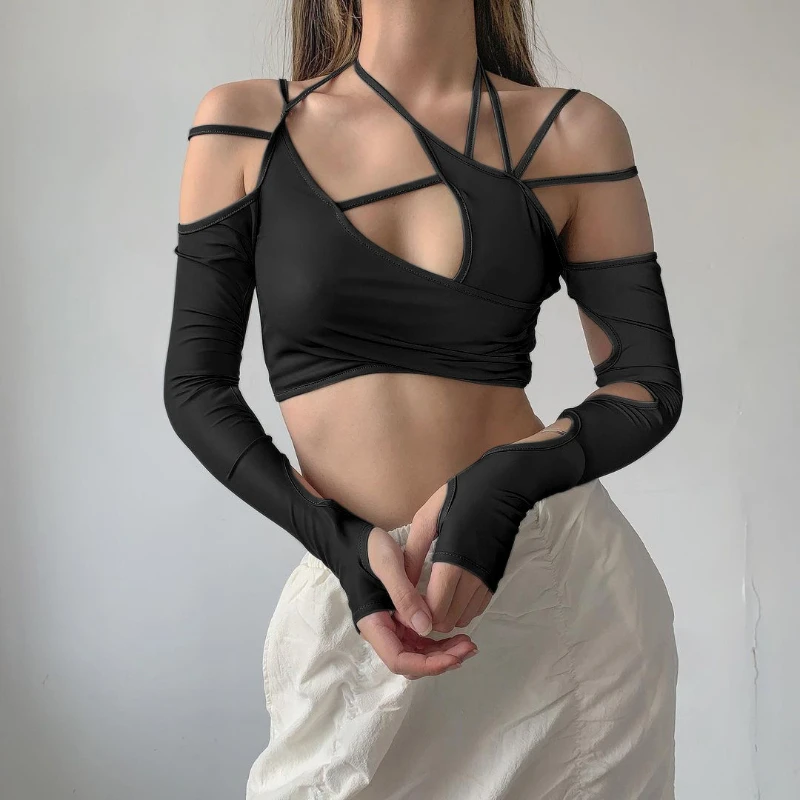 

2023 New Cyber Y2k Techwear Punk Women Halter Tops Gothic Egirl Patchwork Long Sleeve Crop Top Sexy Cut Out Casual T-shirts