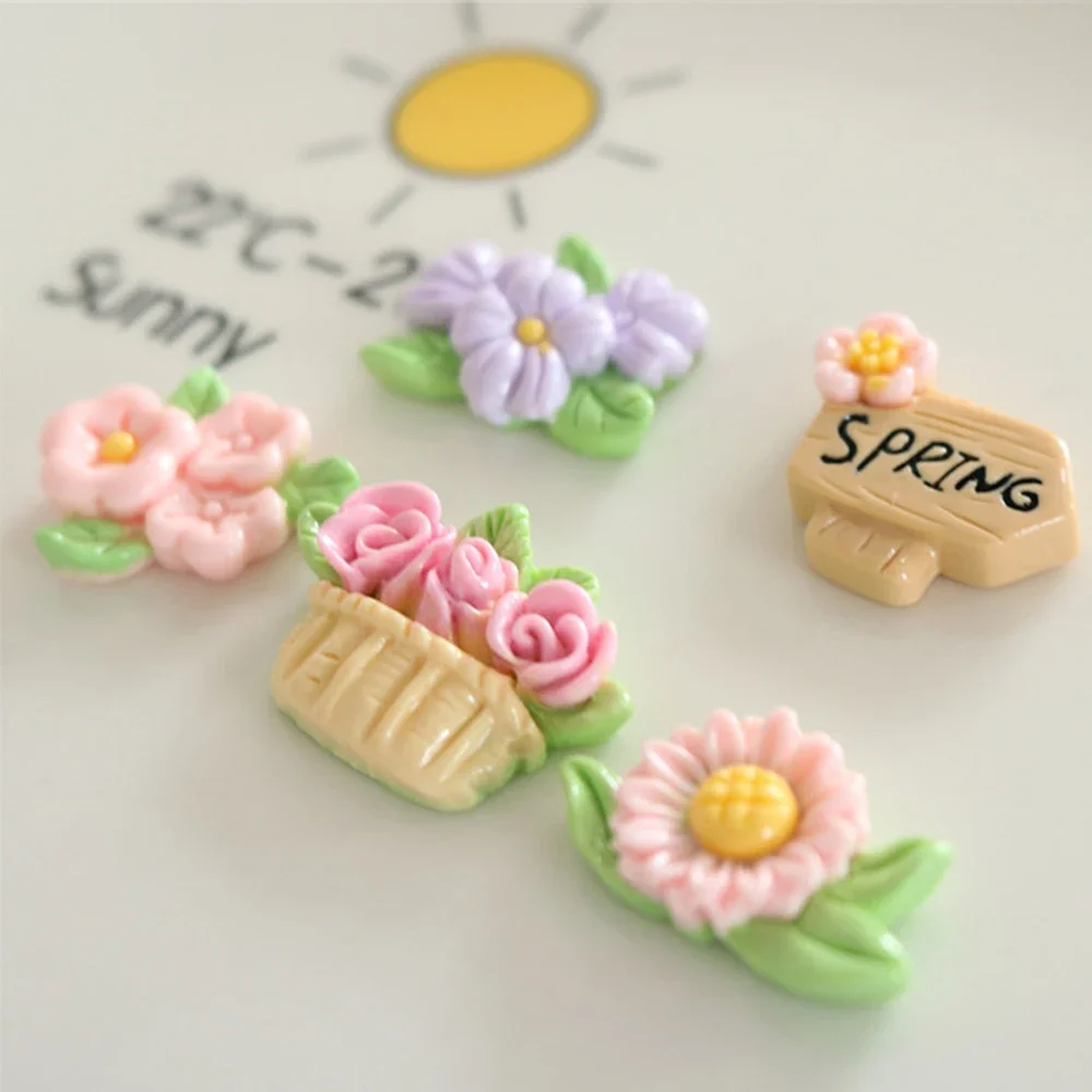 반짝이는 꽃 바구니 도로 표지판 송진 플랫 백 카보숑, 스크랩북 DIY 보석 공예 장식 액세서리, 10 개