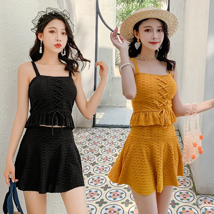 

Купальник женский корейский из двух частей, пляжное платье без рукавов, соблазнительный консервативный костюм бикини, весенний пляжный купальник, комплект для плавания