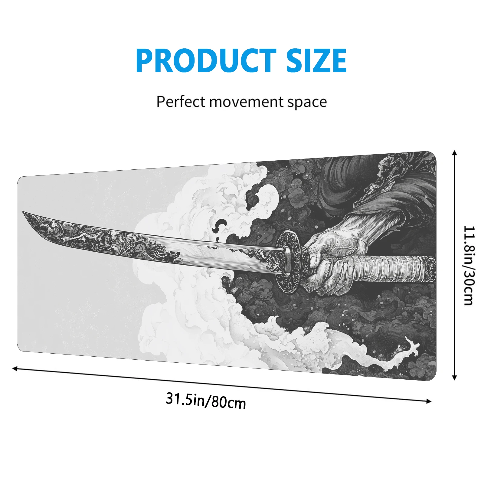 Black And White Comic Wind Sword Model Keyboard Mouse Pad Desk Mat, 3D Gaming Mouse Pad with Non-Slip Rubber Base Stitched Edges 6