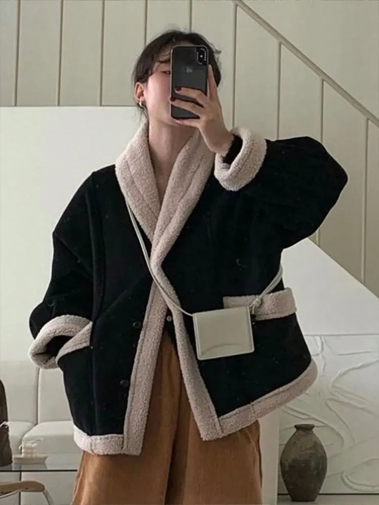 HH Women Autumn Winter Thick Casual Jacket Fashion Vintage Pockets Solid Loose Woman Turn Down Collar Streetwear Lady Chic Coat