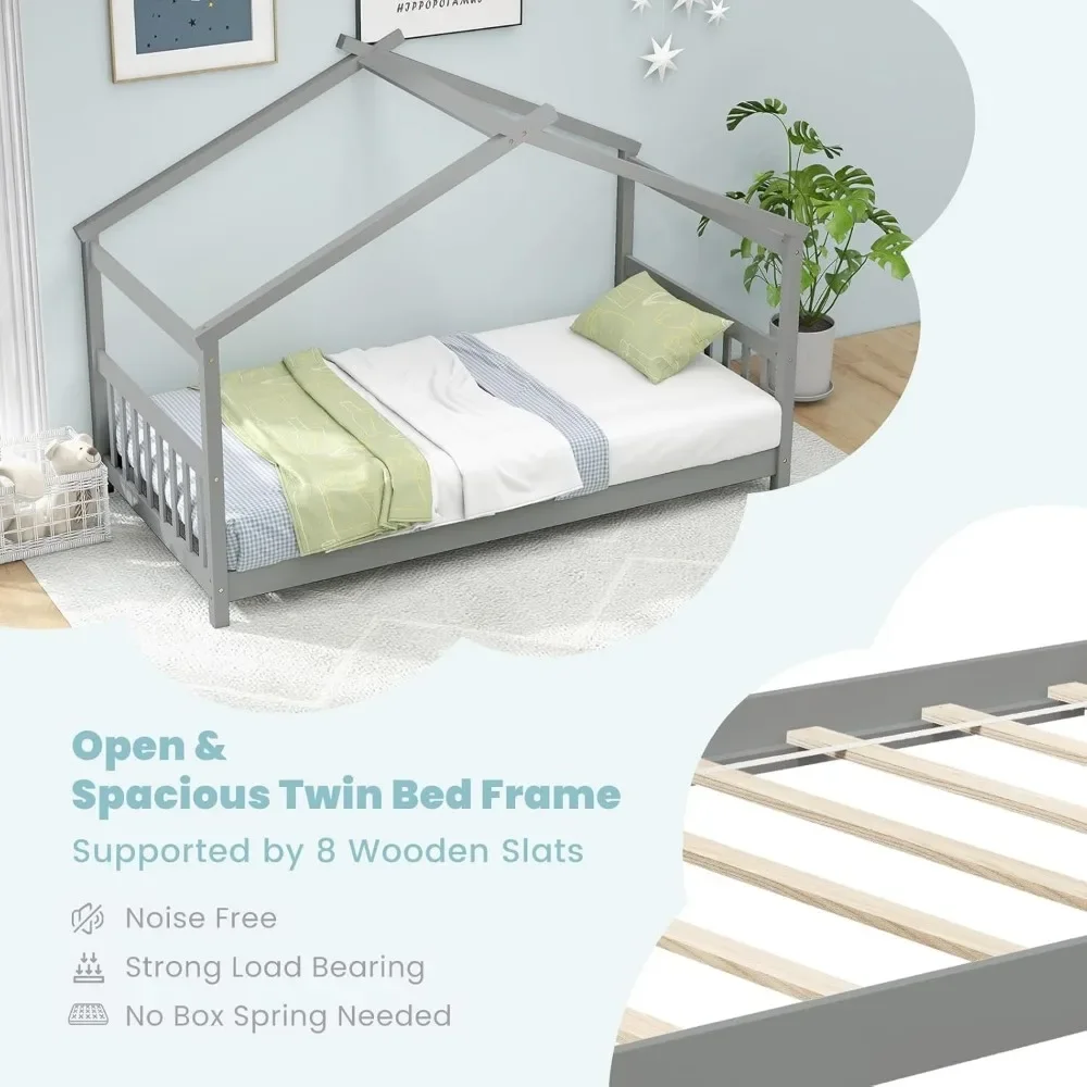House Bed Twin,Solid Wood Kids House Bed with Roof,Headboard and Footboard,Low Floor Twin Bed Frame for Toddlers Teens GirlsBoys 4