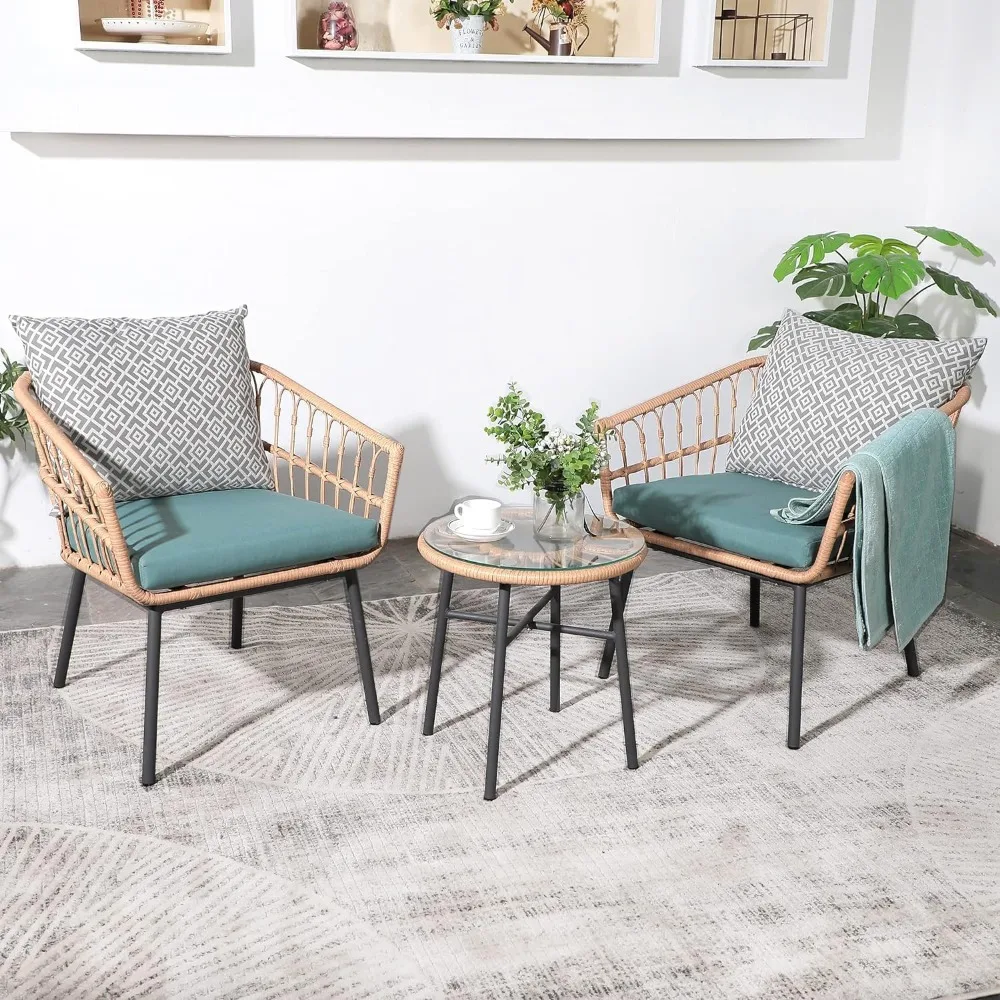 

3 Pieces Outdoor Furniture Patio Bistro Set All-Weather Wicker Conversation Set with Tempered Coffee Table