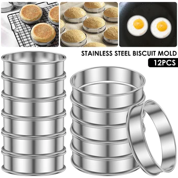 12Pcs English Muffin Rings 304 Stainless Steel Crumpet Rings Nonstick Tart Rings Double Rolled Muffin Tart Rings Crumpet Ring