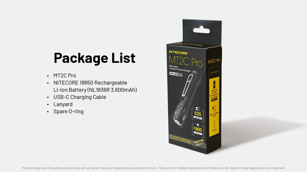 NITECORE MT2C 프로 USB-C 충전식 LED 손전등, 휴대용 야외 조명, 방수 캠핑 토치, 520m 범위, 3600mAh 배터리