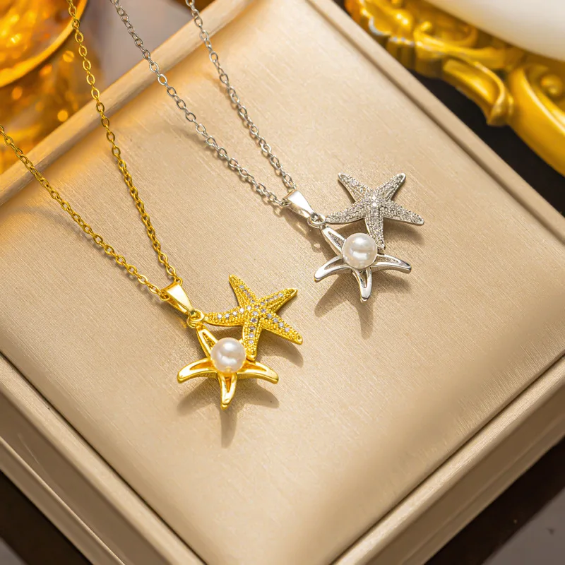 

Light luxury stainless steel imitation starfish pearl necklace for women