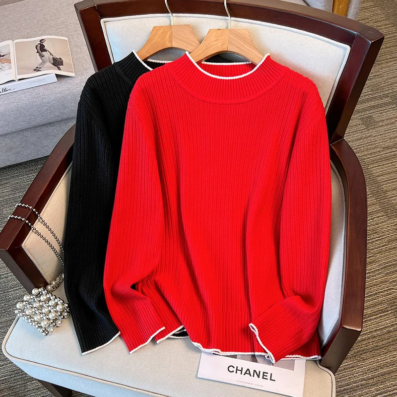 Plus Size Women's Bust 160 Autumn Winter Loose Mock Neck Knitted Top Slim Base Sweater Black Red 5XL 6XL 7XL 8XL 9XL10XL 170Kg