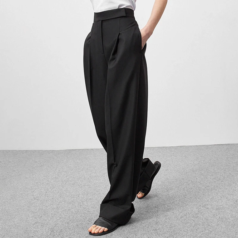 

Female Summer Pleated Wide Leg Pants Solid 2024 Spring Autumn Black Ladies Office Trousers Women High Waist Pockets Pants